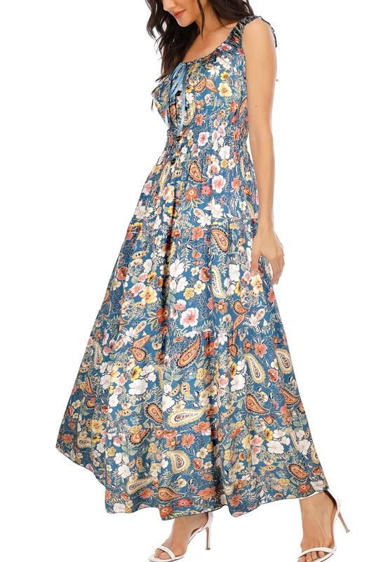 OSTOO Women's 2025 Summer Boho Floral Print Tiered Casual Flowy Long Maxi Dress, Blue Cashew Floral, S