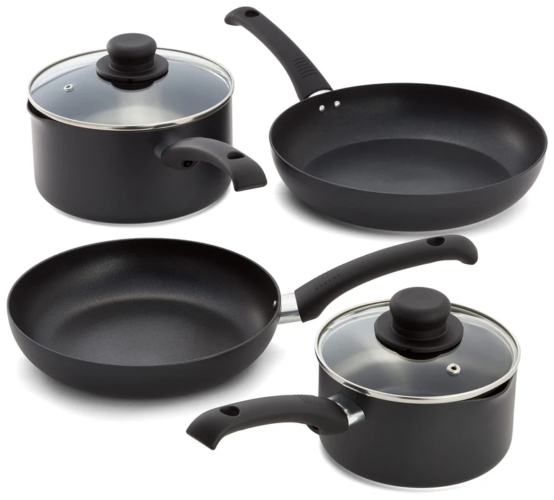 Judge Just Cook 4 Piece Pots and Pans Set Non Stick, 16cm & 20cm Saucepan with Draining Lids, 24cm & 26cm Frying Pan, Induction Hob Pan Set, Oven and Dishwasher Safe, British Made