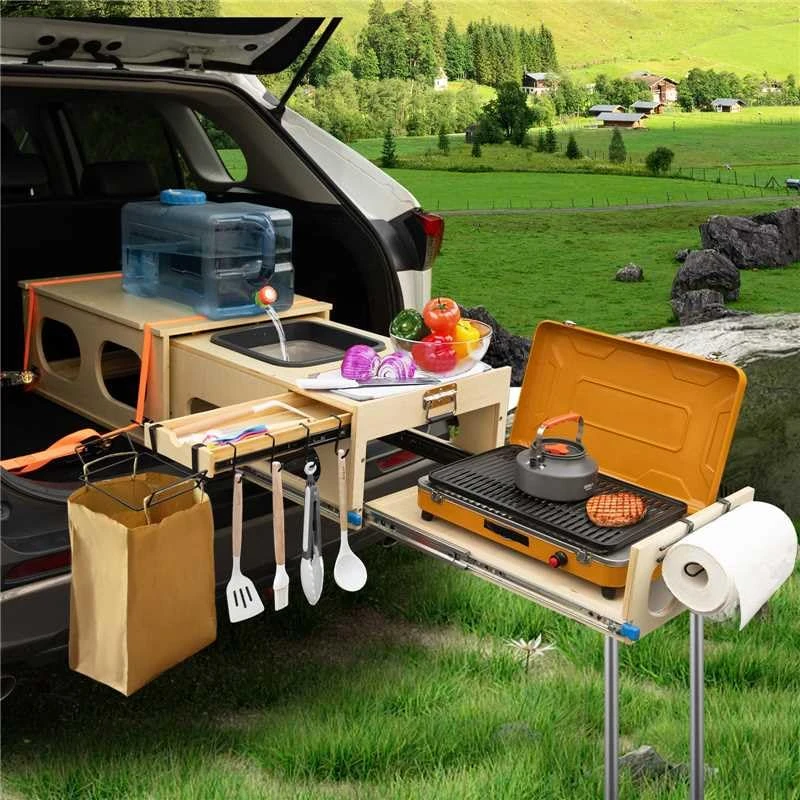 SHIWAGIN Wooden Overland Camping Slide-Out Kitchen with Drawer, for SUV/Trunk/Cargo/Storage Space, for 2 Burners Stove, Folding Design