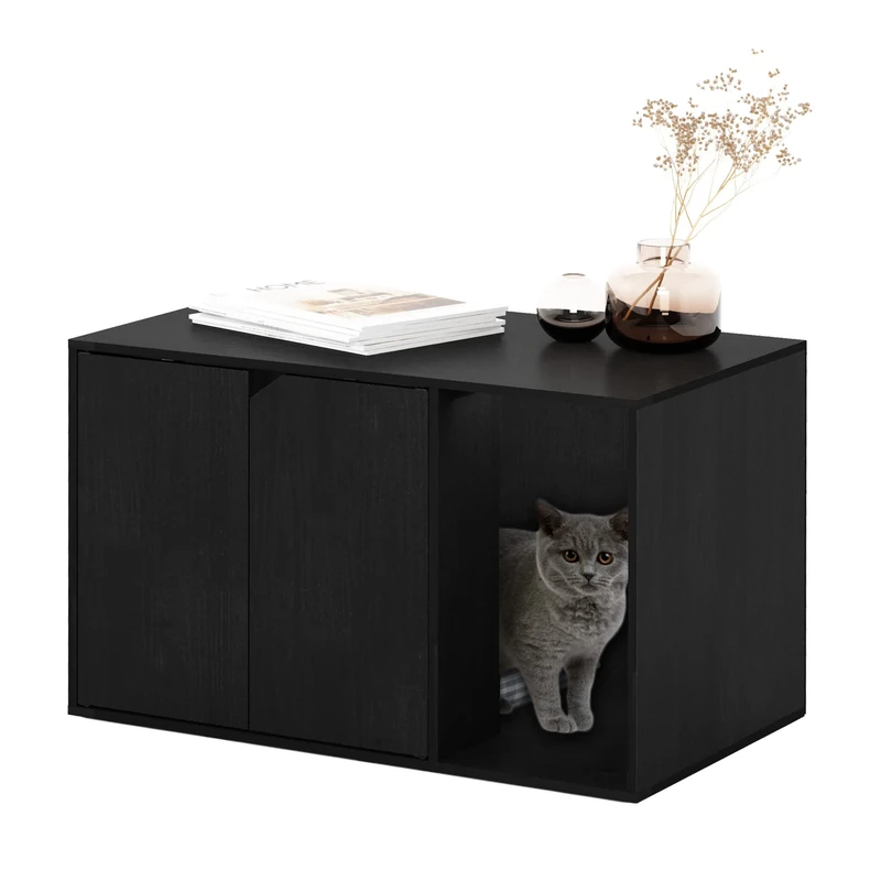 Furinno PELI Cat Litter Box Enclosure, 31 Wide Hidden Litter Box Furniture with Side Entrance, Wooden Pet House with Doors, Easy Assembly, for Living Room, Americano