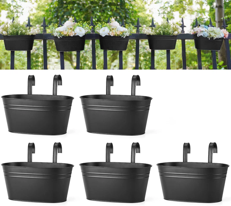 Dahey Metal Iron Hanging Flower Pots for Railing Fence Hanging Bucket Pots Countryside Style Window Flower Plant Holder with Detachable Hooks Home Decor,Black,5 Pcs