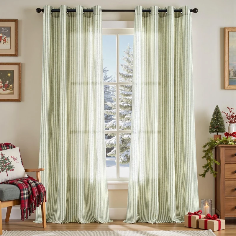 Vangao Linen Blend Stripe Curtains Tickingstripe Light Filtering Window Curtains Green Pinstripe Printed on Beige Drapes 96 Inches Long for Living Room Bedroom Grommet Top 2 Panels