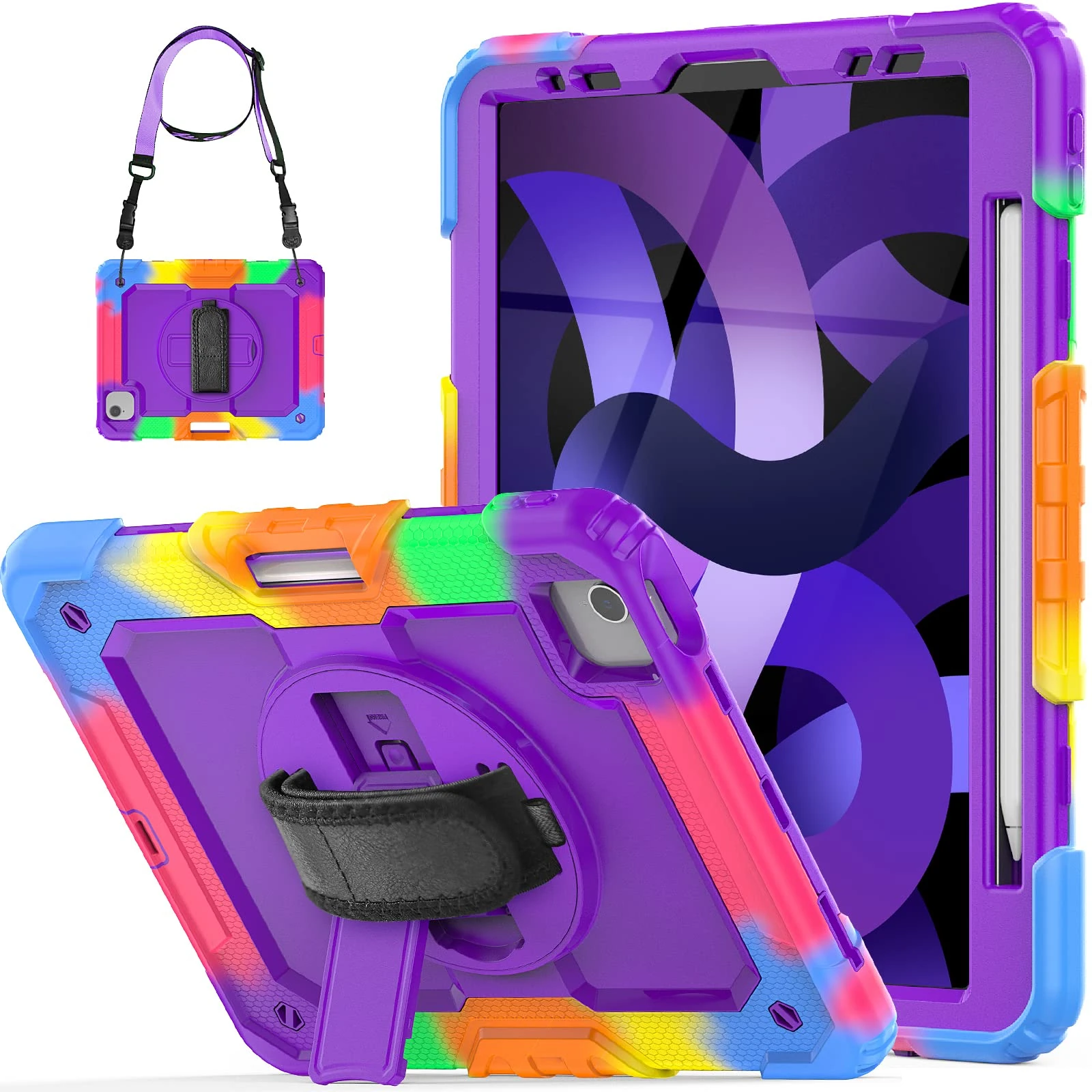 SEYMCY Kids Case for iPad Air 5th/4th Generation 10.9 inch 2022/2020, Full-body Shockproof with Screen Protector, 360° Rotating Stand & Hand Strap, Carrying Strap, Pencil Slot, Purple