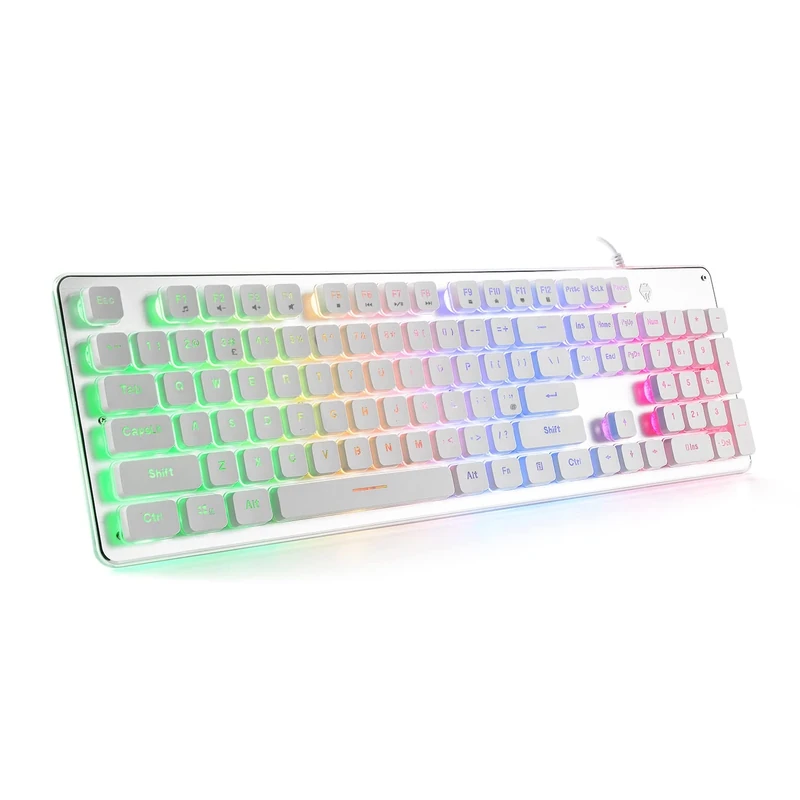 Backlit PC Gaming Keyboard Rainbow LED Backlit White Computer Membrane Keyboards USB Wired Metal Panel 25 Keys Anti-ghosting 12 Multimedia Keys for PC Computer,Laptop,Windows,Gamer,Xbox (UK Layout)