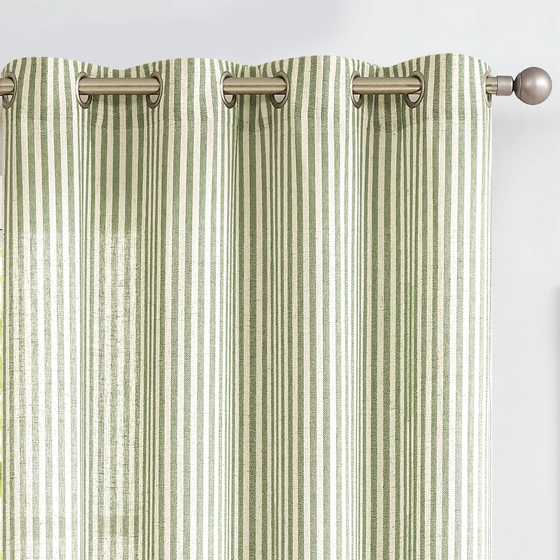 Vangao Green Linen Stripe Curtains for Bedroom Tickingstripe Light Filtering Farmhouse Window Curtains Sage Pinstripe Printed Drapes 84 Inches Long for Living Room Bedroom Dorm Cottagecore 2 Panels - Image 1