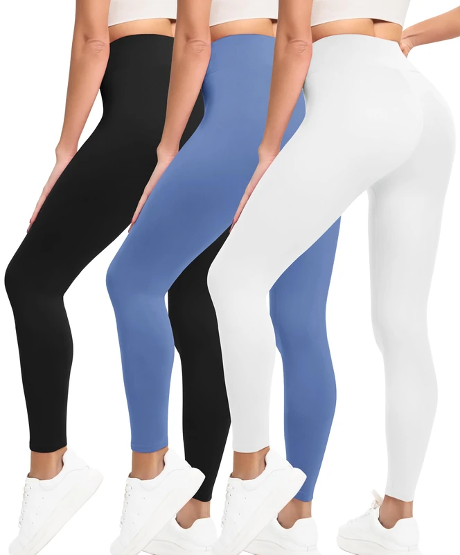 VALANDY High Waisted Leggings for Women Stretch Tummy Control Workout Running Yoga Pants Reg&Plus Size, 3 Packs-Black/Blue/White, Small/Medium