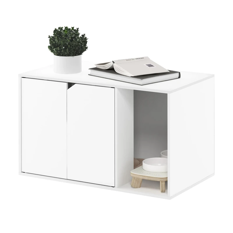 Furinno PELI Cat Litter Box Enclosure, 31 Wide Hidden Litter Box Furniture with Side Entrance, Wooden Pet House with Doors, Easy Assembly, for Living Room, Solid White