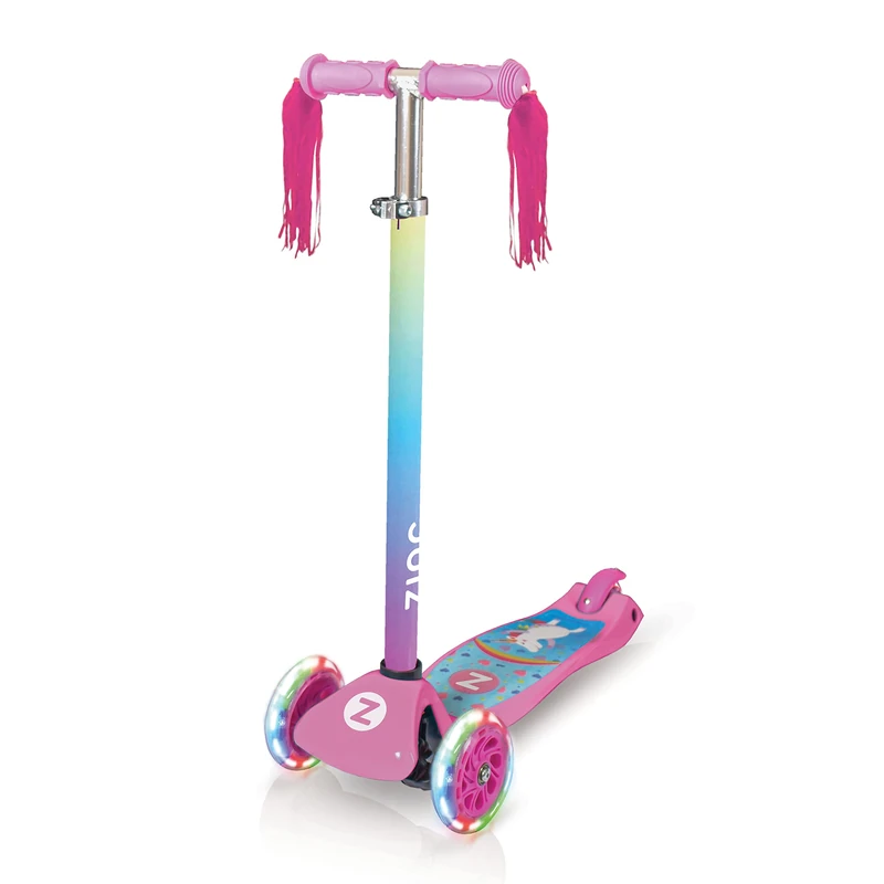 Zinc Explorer Kids Scooter for Ages 3+ – Three Wheeled Boys & Girls Scooter with LED Light Up Wheels, Adjustable Handlebar, Lean ‘n’ Steer Controls, Rear Brake, Soft Rubber Grips, Pink Unicorn