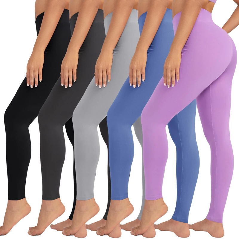 VALANDY High Waisted Leggings for Women Stretch Tummy Control Workout Running Yoga Pants Reg&Plus Size, 5 Packs-Black/Dark Gray/Light Gray/Blue/Lavender, Small/Medium