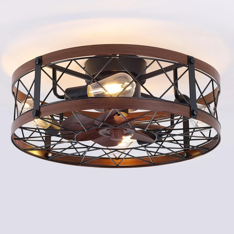 REDSTAR Flush Mount Ceiling Fan with Lights 20 Inch Small Leafless Ceiling Fans with Remote Control Rustic Flat Quiet Reversible Closed Ceiling Fan for Bedroom