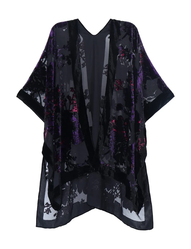 MJ SERECA Women's Burnout Velvet Kimono Long Cardigan Cover Up Without Tassel (Blue Square/Twig)…
