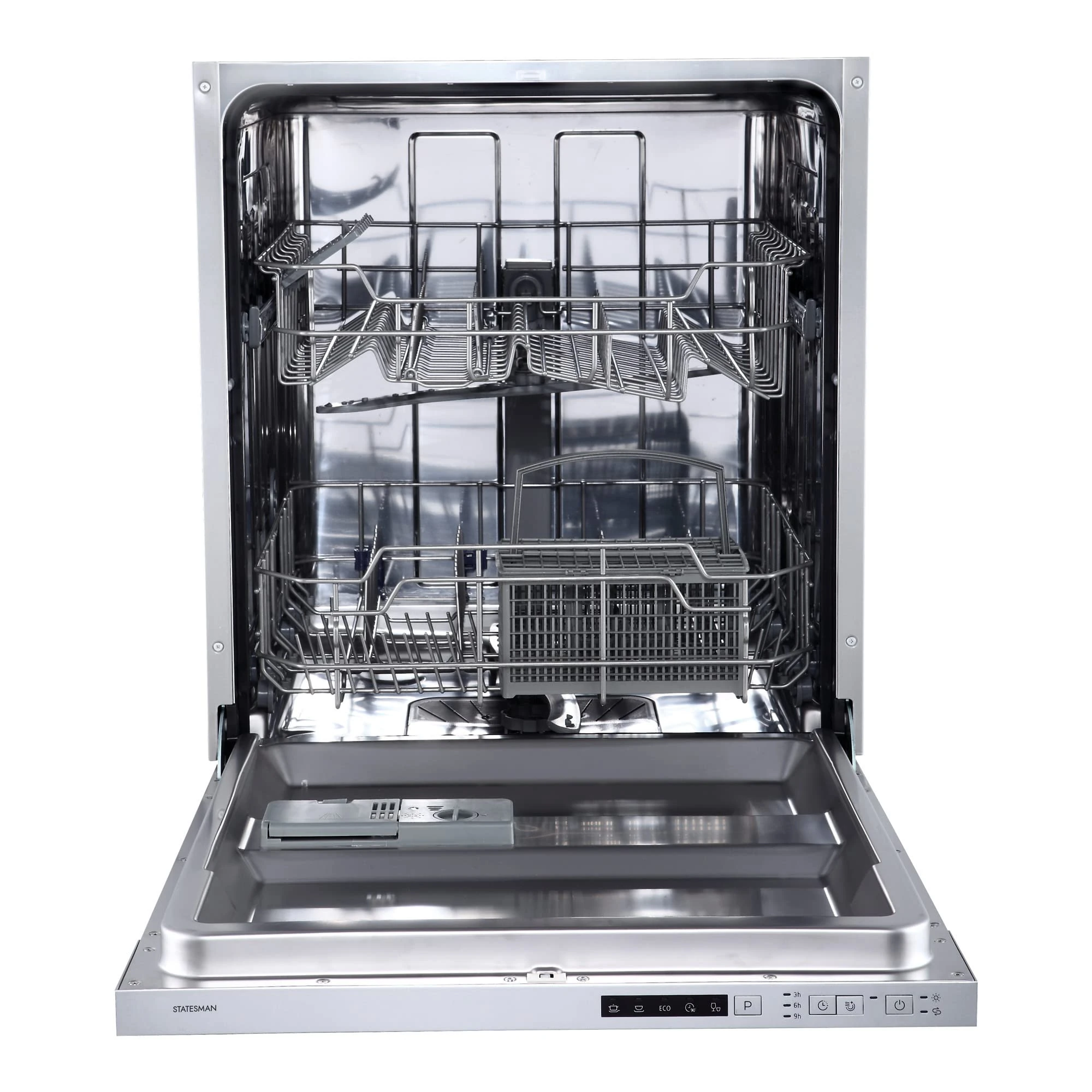 Statesman BDW6014 Integrated 14 Place Dishwasher with Removable Cutlery Basket, 5 Wash Programms, Rear Foldable Racks, 3/6/9 Hour Timer, 60cm Wide, White