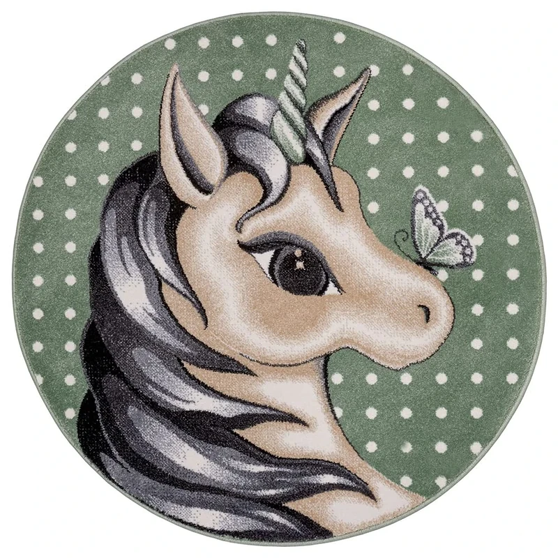 HANSE Home Design Children's Rug Cute Unicorn Round Soft Pile Bright Colours Ideal for Children's Room Play Mat Durable and Easy to Clean Green Pastel Multicoloured 133 cm - Image 1