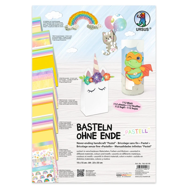 Ursus 7830099 - Craft Without end in Pastel Shades, Craft Paper in Various Materials, Colours and Motifs, 112 Sheets