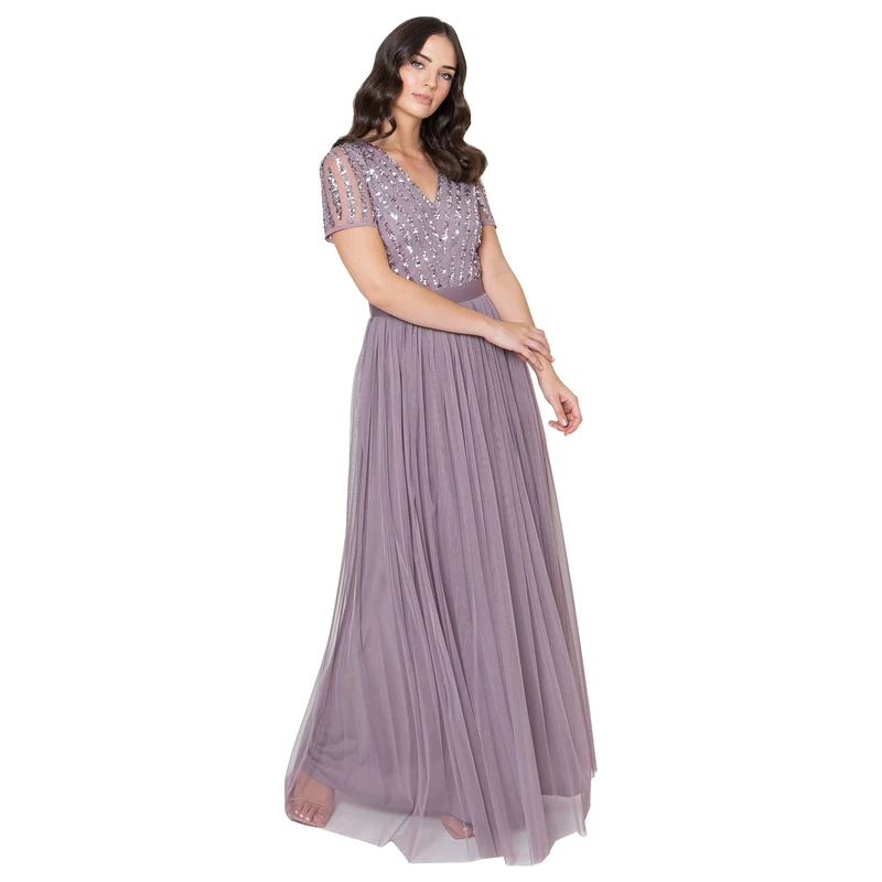 Maya Deluxe Women's Maxi Dress Ladies Bridesmaid V-Neck Ball Gown Short Sleeves Long Elegant Empire Waist Wedding, Moody Lilac, 8