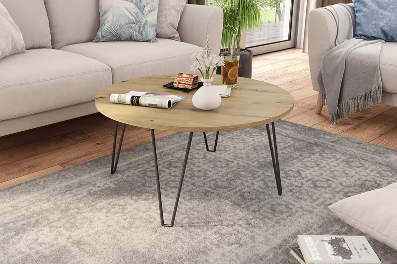 byLIVING Flair Coffee Table Melamine Artisan Oak Metal Wood Material Black/Brown Diameter 80 cm Height 40 cm