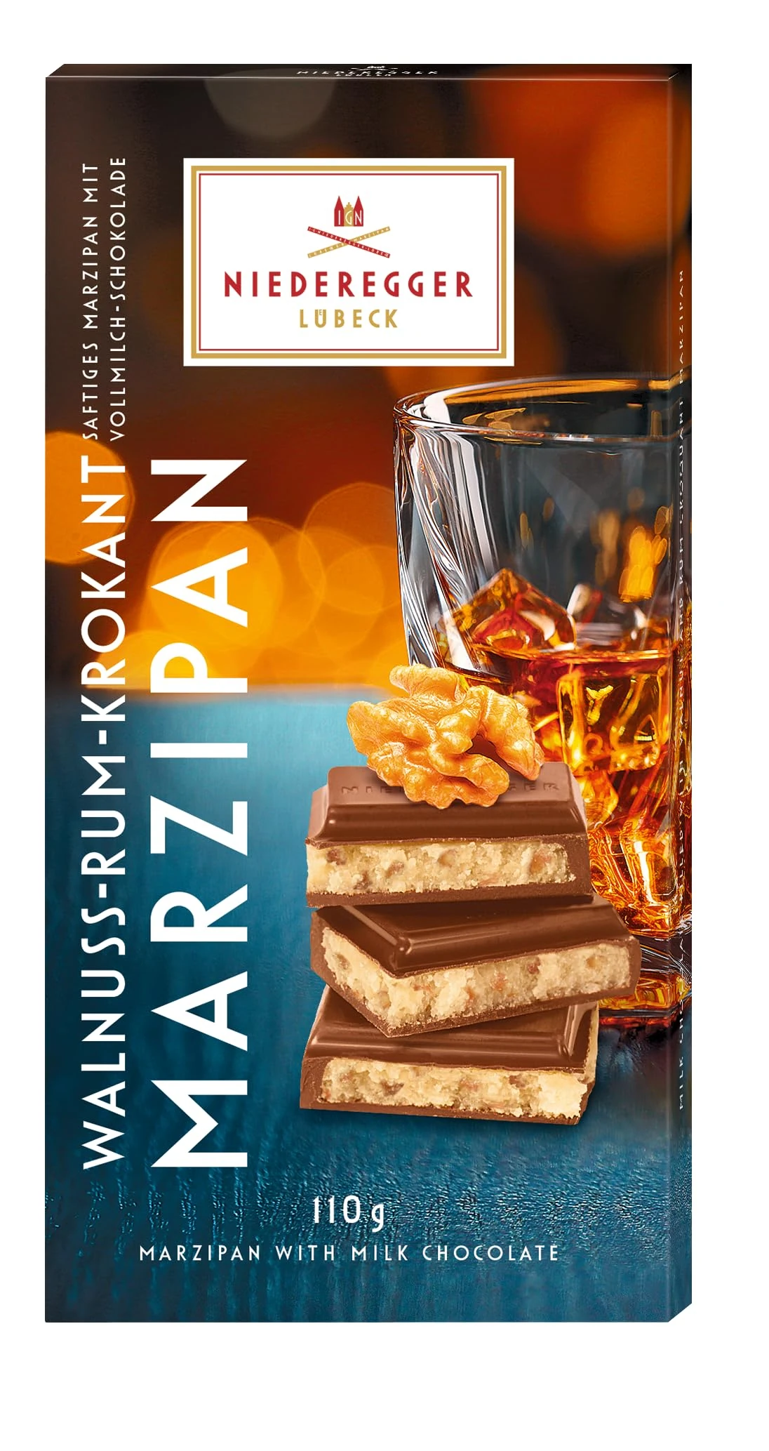 Niederegger Marzipan|Niederegger - Marzipan Milk Chocolate Walnut and Rum Croquant Bar 110g