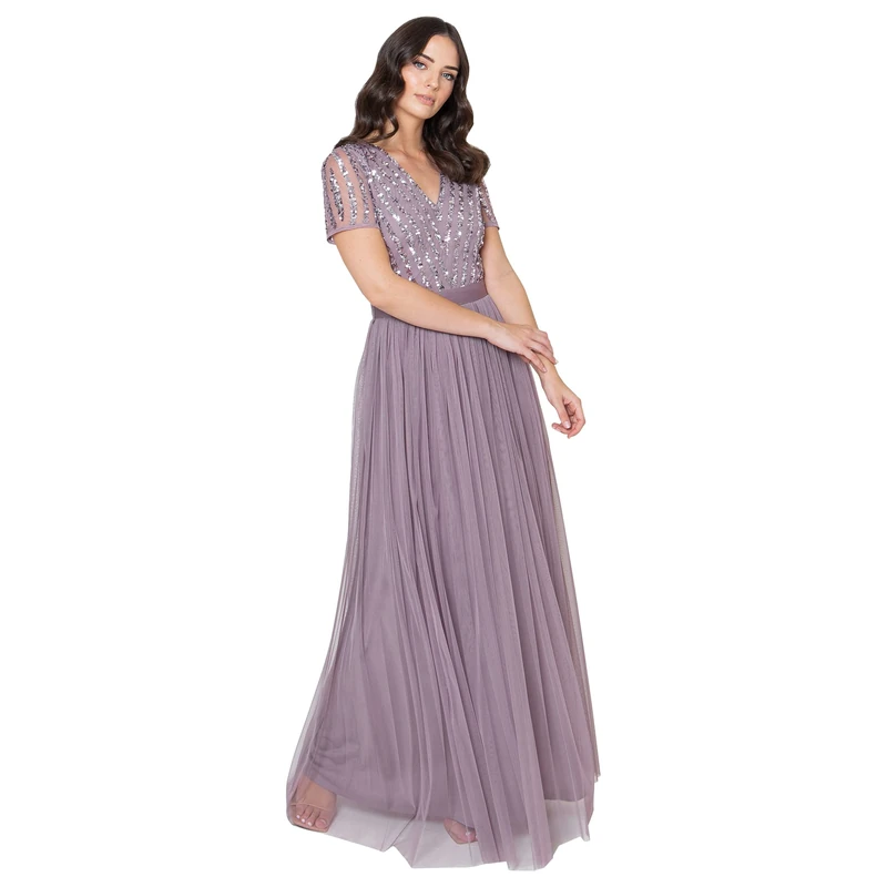Maya Deluxe Women's Maxi Dress Ladies Bridesmaid V-Neck Ball Gown Short Sleeves Long Elegant Empire Waist Wedding, Moody Lilac, 20