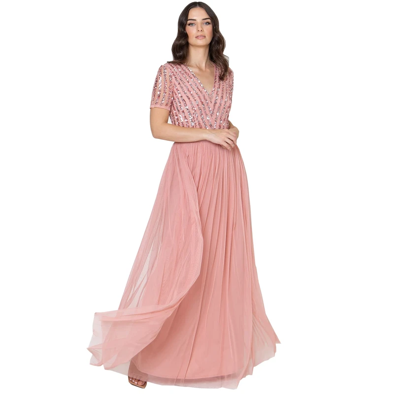 Maya Deluxe Women's Maxi Dress Ladies Bridesmaid V-Neck Ball Gown Short Sleeves Long Elegant Empire Waist Wedding, Blossom, 26