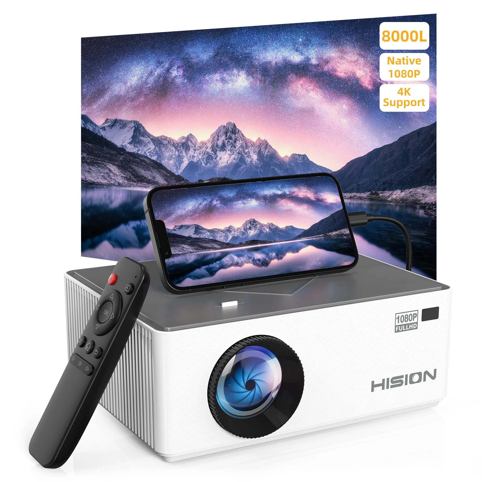Mini Projector Native 1080P Outdoor Movie Projector, HISION 8000L Portable Home Theater 4K Support Video Projector Compatible with TV Stick, HDMI, VGA, USB, Laptop, DVD, iOS & Android Smartphone