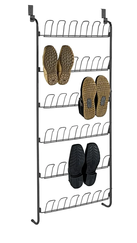 WENKO Door shoe rack, shoe stacker with 6 shelves for up to 18 pairs of shoes to hang on the door, space-saving hanging organiser, 59 x 151 x 14 cm, powder-coated metal