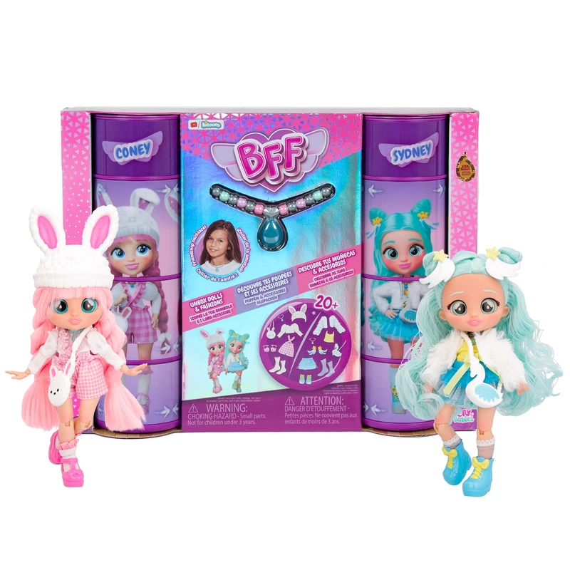 BFF By Cry Babies Coney & Sydney, Twin Pack Collectible Fashion Dolls with Long Hair, fabric Clothes and 15 Accessories - Toy gift for kids +5 Years