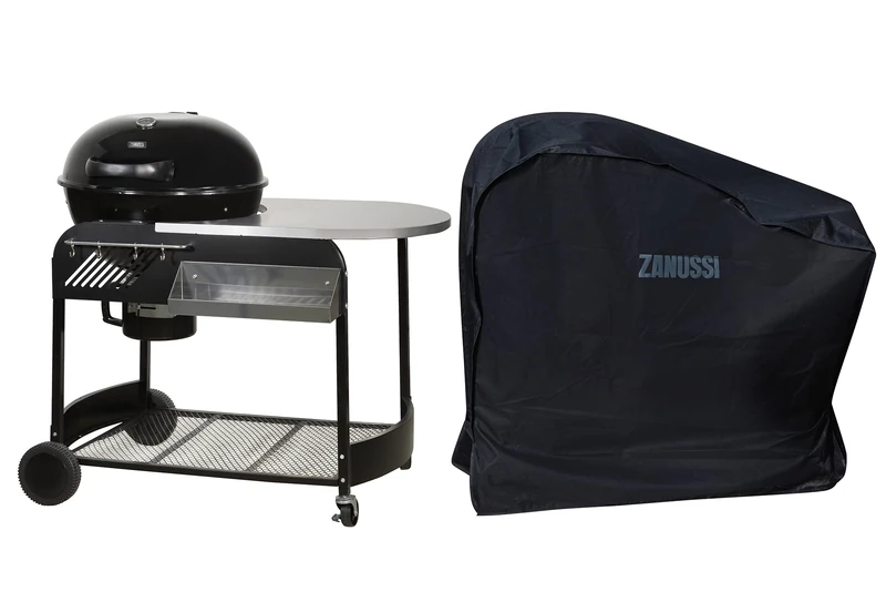 Zanussi ZCBBQ22TK-C Kettle Charcoal Trolley 53 cm BBQ with Cover in Black, Integrated Wheels, Integrated Thermostat with Chrome Grill, Storage Rack & Side Table