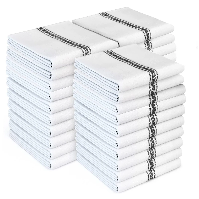 Zeppoli Classic Kitchen Towels 30-Pack - 100% Cotton Dish Towels - Reusable Cleaning Cloths - Black Towels - Super Absorbent - Machine Washable Hand Towels - 14” x 25” (Black Striped)