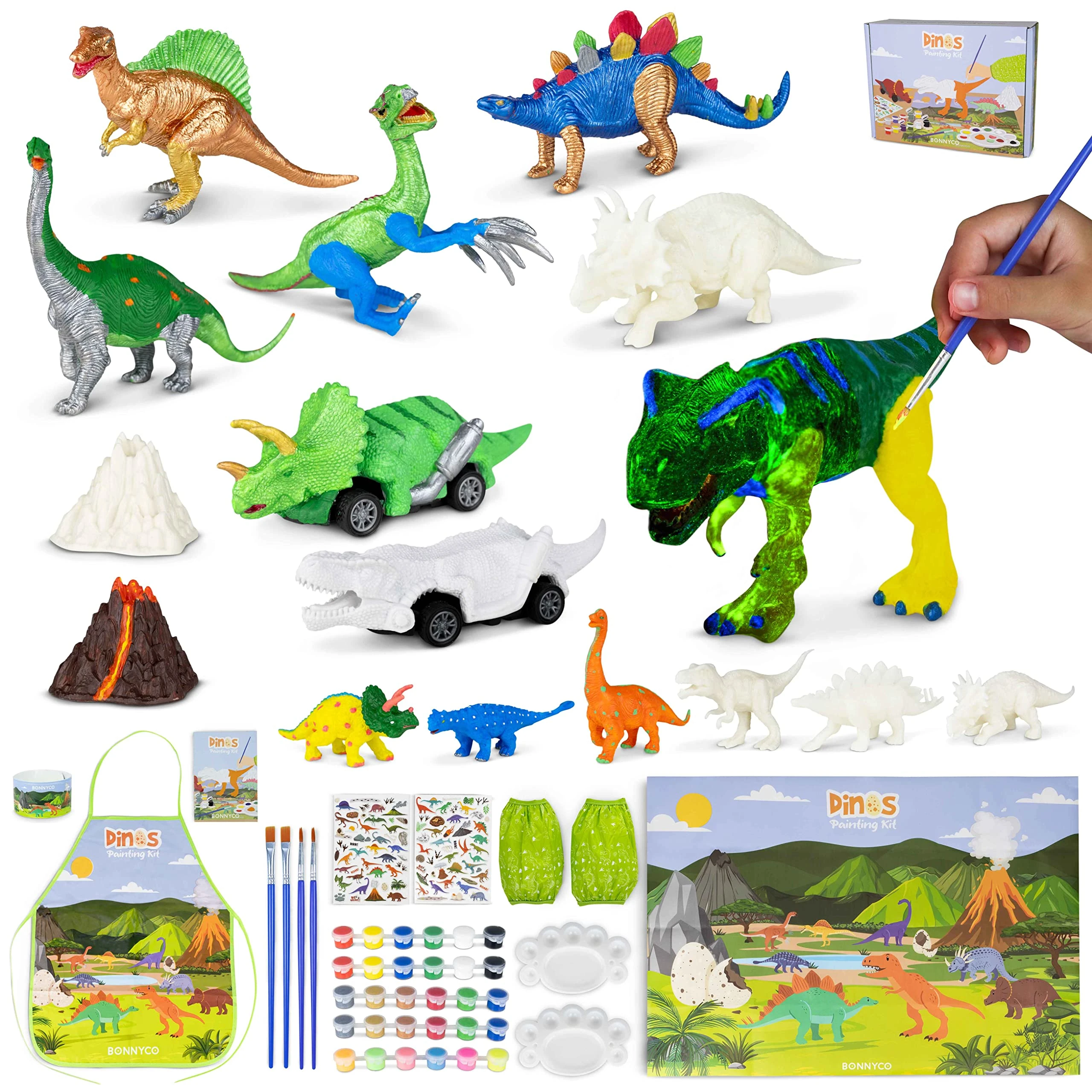 BONNYCO Dinosaur Toys for Boys Painting Kit 16 Figures, Craft Kits for Kids with Glow in The Dark. Painting Sets Children, Kids Toys 3 4 5 6 7 8 9 10 Years. Dinosaur Gifts Boys, Birthday Christmas