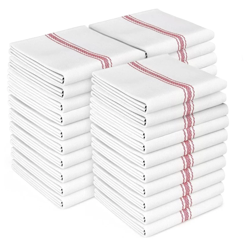 Zeppoli Classic Dish Towels - 30 Pack - 14" by 25" - 100% Cotton Kitchen Towels - Reusable Bulk Cleaning Cloths - Red Hand Towels - Super Absorbent - Machine Washable