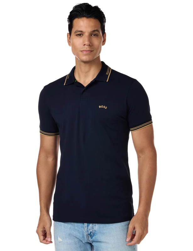 BOSS Men's Paul Curved Logo Polo Shirt, Dark Blue/Yellow, 3XL