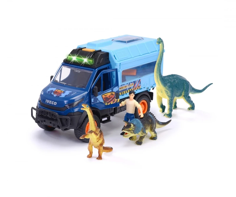 Dickie Toys - Dinosaur World Lab - Iveco Daily Toy Car 4x4 (26 cm) with Fold-Out Dino Lab Including Dinosaurs - Toy for Children from 3 Years