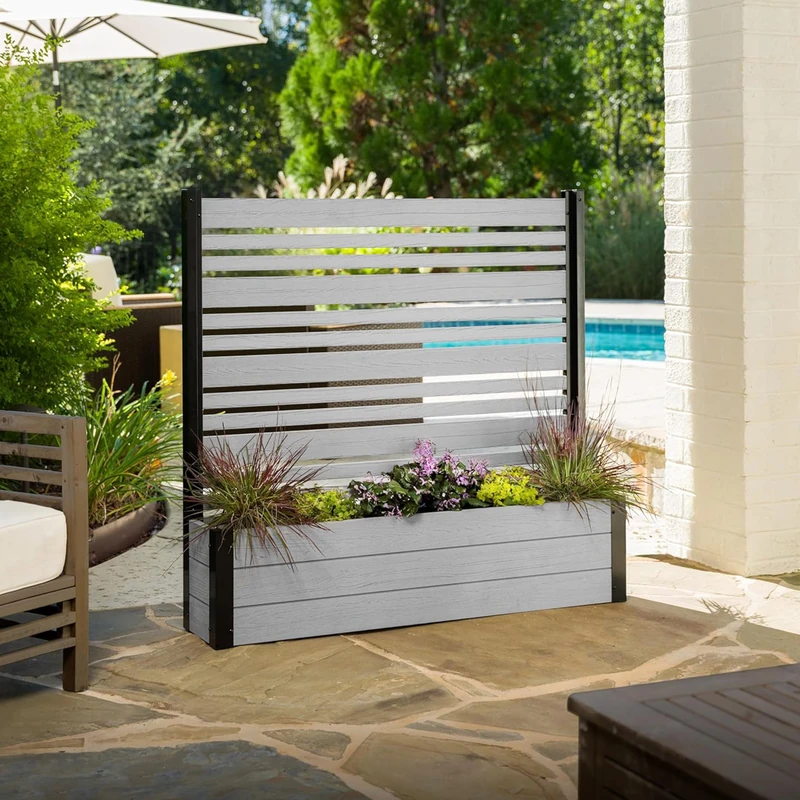 Enclo Privacy Screens EC18007 4ft H x 4ft W x 1ft L Florence WoodTek Vinyl Outdoor Freestanding Privacy Fence Screen Panel and Planter Box Kit (1 Screen), Ash Color - Image 1