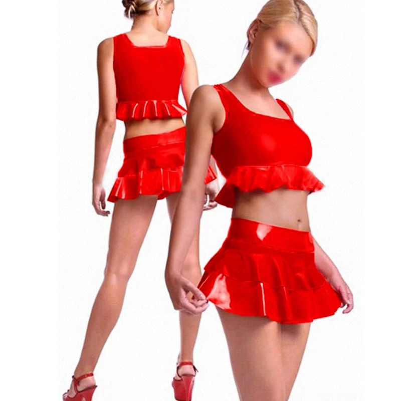 Women Set Outfits Acitve Sleeveless Tee Top and Pleated Skirt Matching Two Piece PVC Crop Top with Mini Skirt,Red,6XL - Image 1
