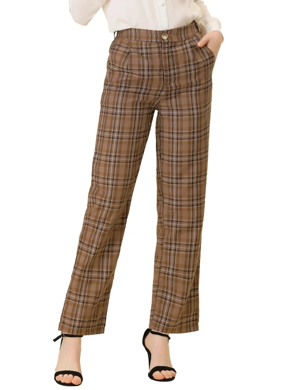Allegra K Women's Plaid Pants Elastic Waist Casual Work Office Long Trousers, Brown, XL