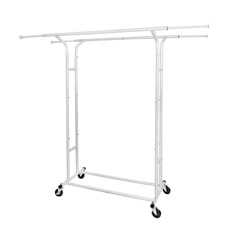 Fishat White Double Rod Garment Rack for Hanging Clothes, Rolling Clothes Organizer on Commercial Metal with Lockable Wheels Mobile Design for Coats Dresses