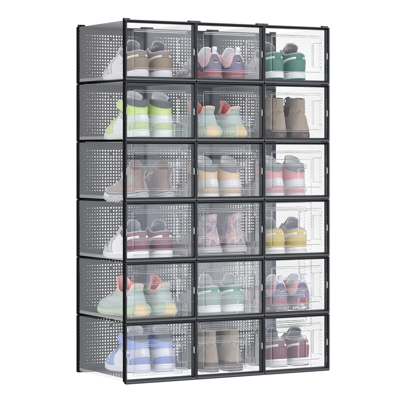 SONGMICS Shoe Boxes, Pack of 18 Stackable Shoe Storage Organisers, Foldable and Versatile for Sneakers, Fit up to UK Size 11, Black LSP007B18