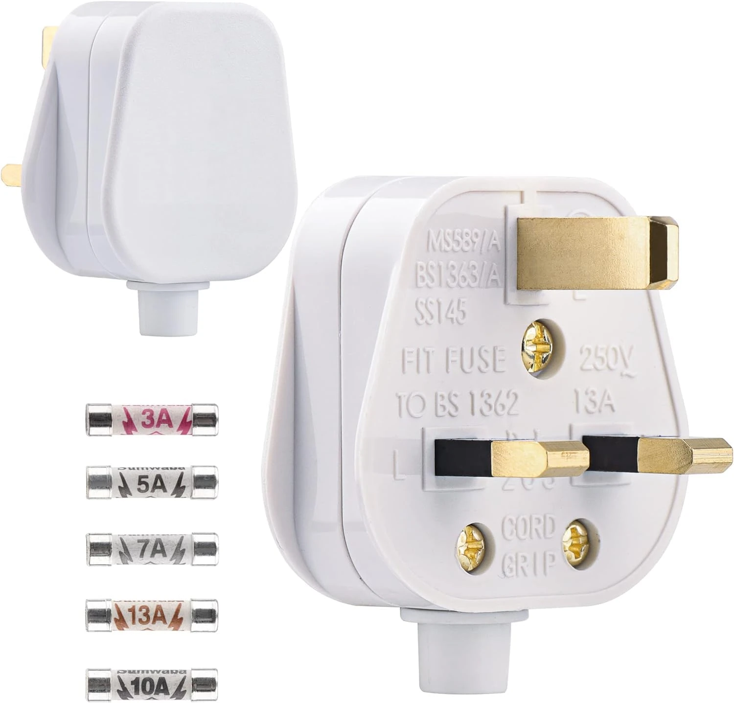 2 Pack 3 Pin Plug UK 13 Amp Plugs Fused Mains Plugs White Plug with 3A 5A 7A 10A 13A Domestic Fuses Kit