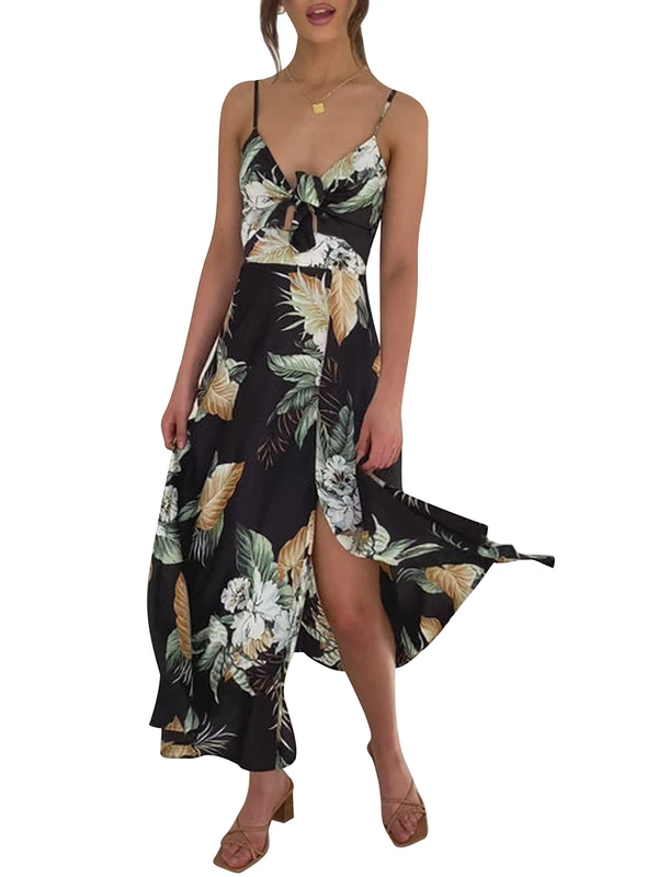 Fashionme Women Spaghetti Strap Midi Satin Dresses Tie Front Backless Split Hollow Dress, D-Black, M