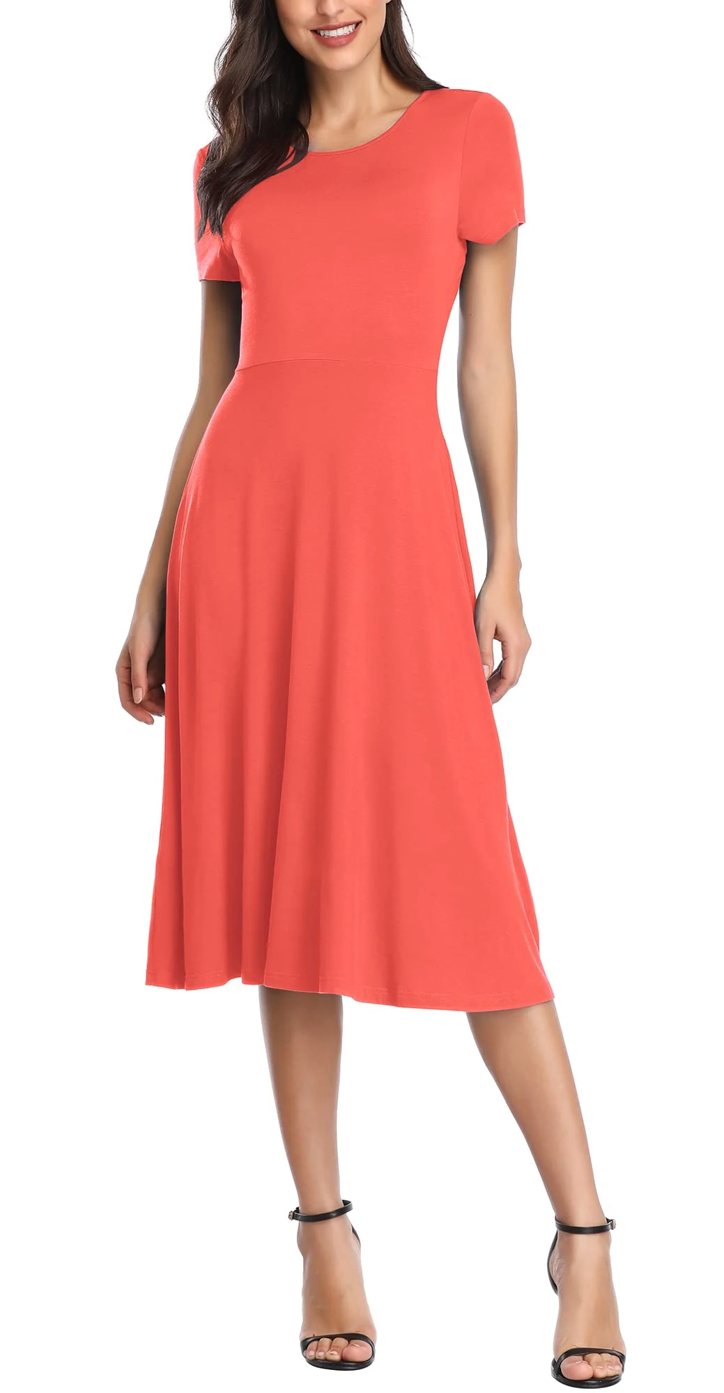 Urban CoCo Women's Vintage Short Sleeve High Waist Flared Midi Casual Summer Dress, Coral, XL