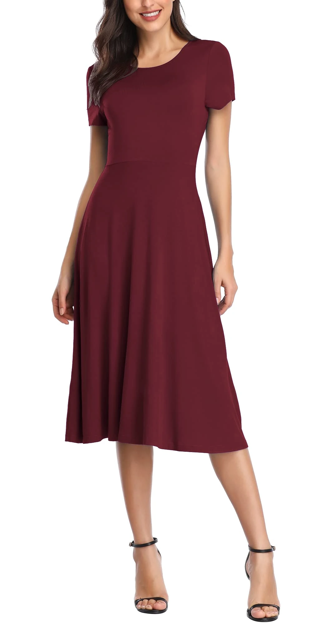 Urban CoCo Women's Vintage Short Sleeve High Waist Flared Midi Casual Summer Dress, Wine Red, XL