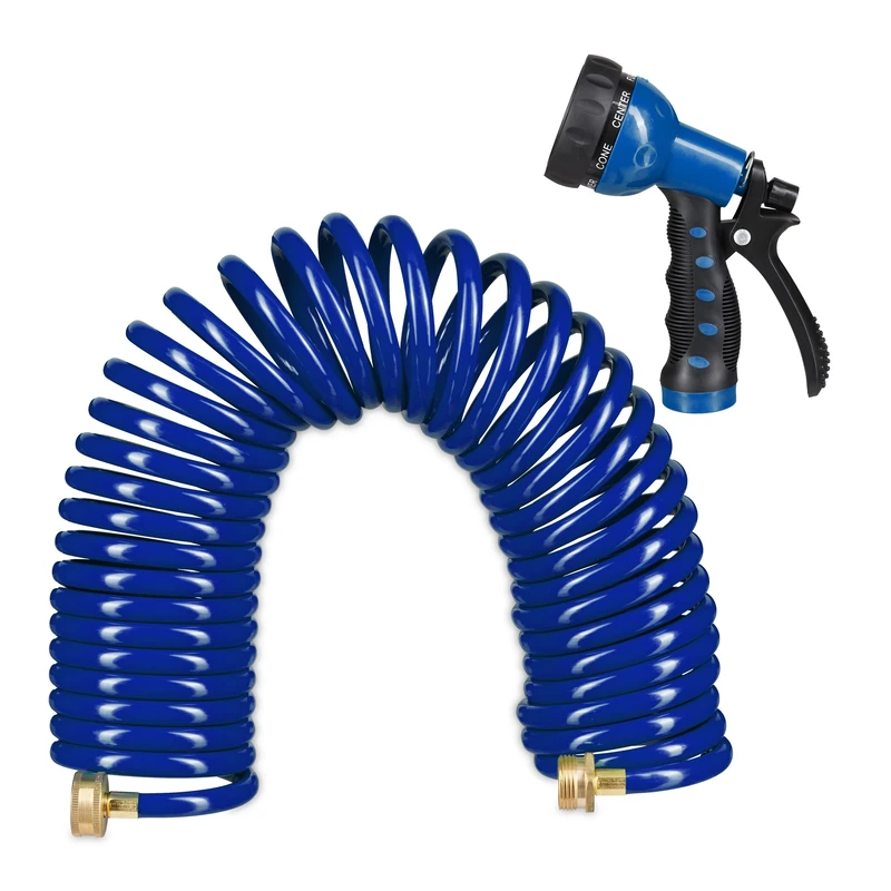 Relaxdays Spiral Hose, with Spray Head, Extends up to 10 m, Flexible Coil Hosepipe, 7 Settings, Patio & Garden, Blue