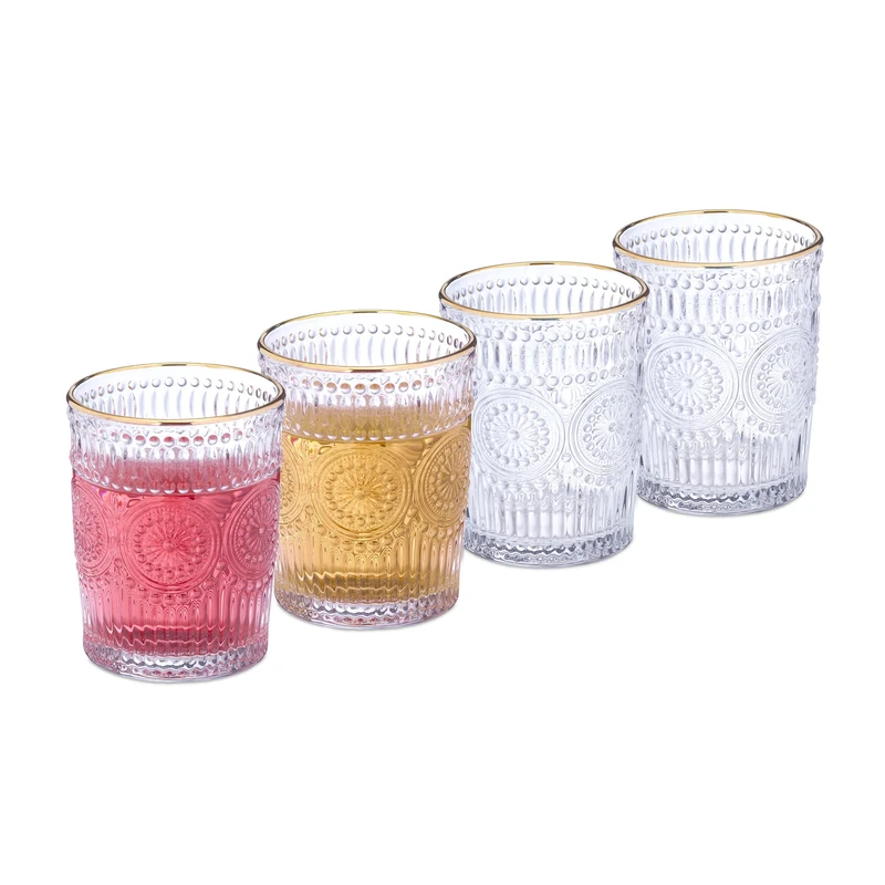Relaxdays Drinking Set of 4, Dishwasher Safe, 300ml Each, Vintage Glasses with Gold Rim and Pattern, Transparent