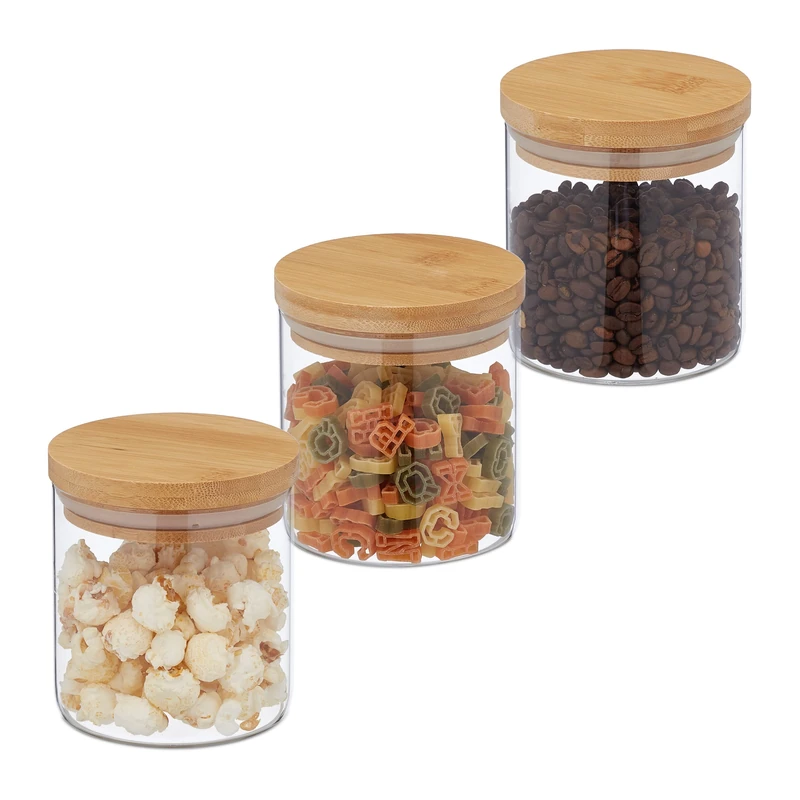 Relaxdays Jars in Set of Three, 500ml Each, Bamboo Airtight Lids, Dry Food Storage, Glass, Transparent/Brown, 10.5 x 10 cm