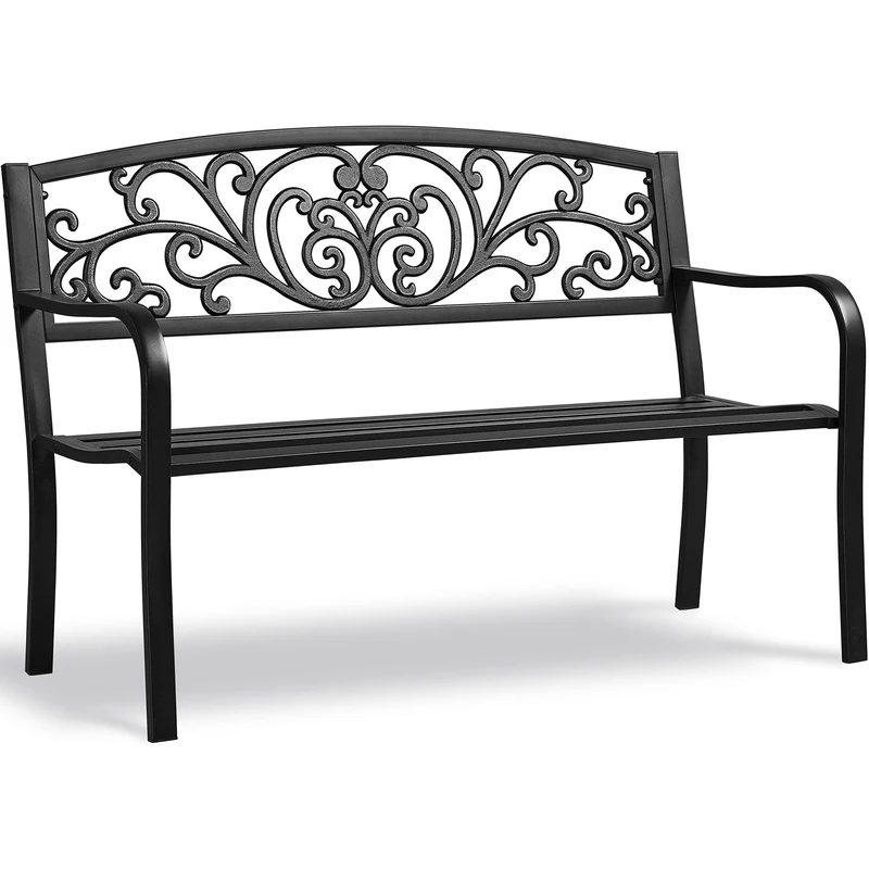 Yaheetech Outdoor Metal Garden Bench, 127cm Patio 3 Seater Cast Iron 181kg Load Capacity Bench, Outdoor Furniture Seat w/Backrest and Armrests Antique Style for Backyard, Park, Front Porch, Black