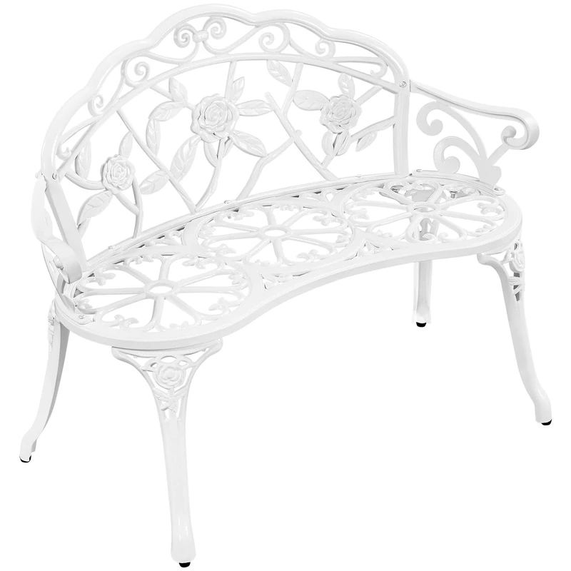Yaheetech Garden Bench Outdoor Loveseat Metal Bench Outdoor Patio Furniture Seat with Rose Design, for Porch/Lawn/Yard, White
