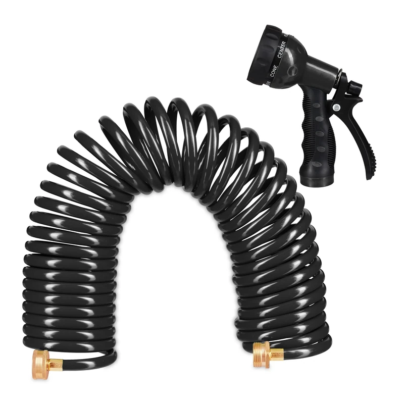 Relaxdays Spiral Hose, with Spray Head, Extends up to 10 m, Flexible Coil Hosepipe, 7 Settings, Patio & Garden, Black