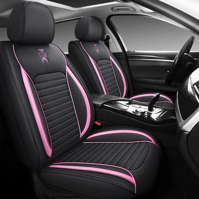 HGVKDO Car Seat Covers Full Set, Leather Seat Covers for Cars SUV Truck Auto, Universal Non-Slip Auto Seat Cover Waterproof (Full Set, Black&Pink)