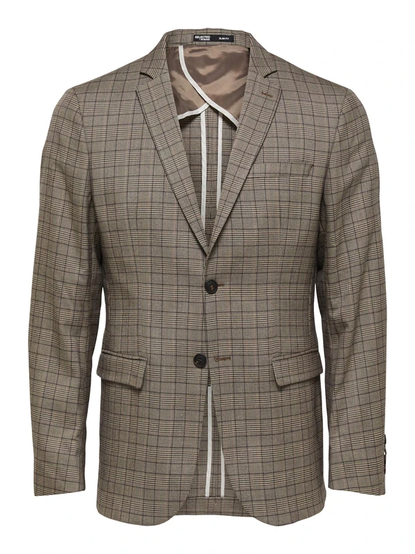 SELECTED HOMME BLACK Men's Slhslim-mylologan BRWN Check BLZ B Noos Jacket, Brownie/Checks:Check, 40R