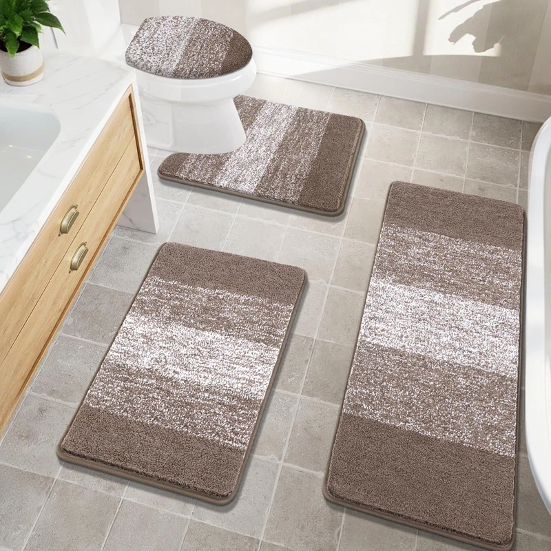 Bsmathom Bathroom Rugs Sets 4 Piece with Toilet Lid Cover, Non-Slip Absorbentb Rugs and Mats for Bathroom Microfiber Shaggy Machine Washable Bath Rug Set, Coffee